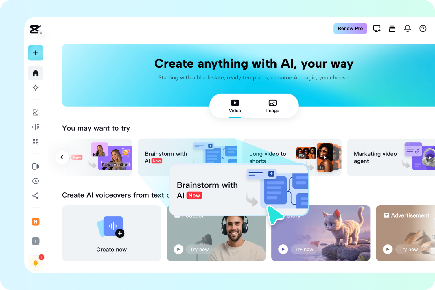 Accessing the Brainstorm with AI tools in CapCut