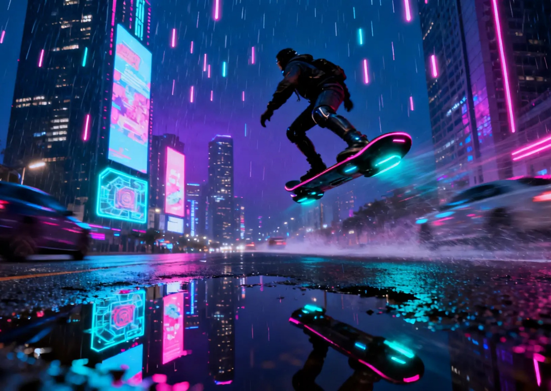 A futuristic hoverboarder gliding above neon-lit city at night
