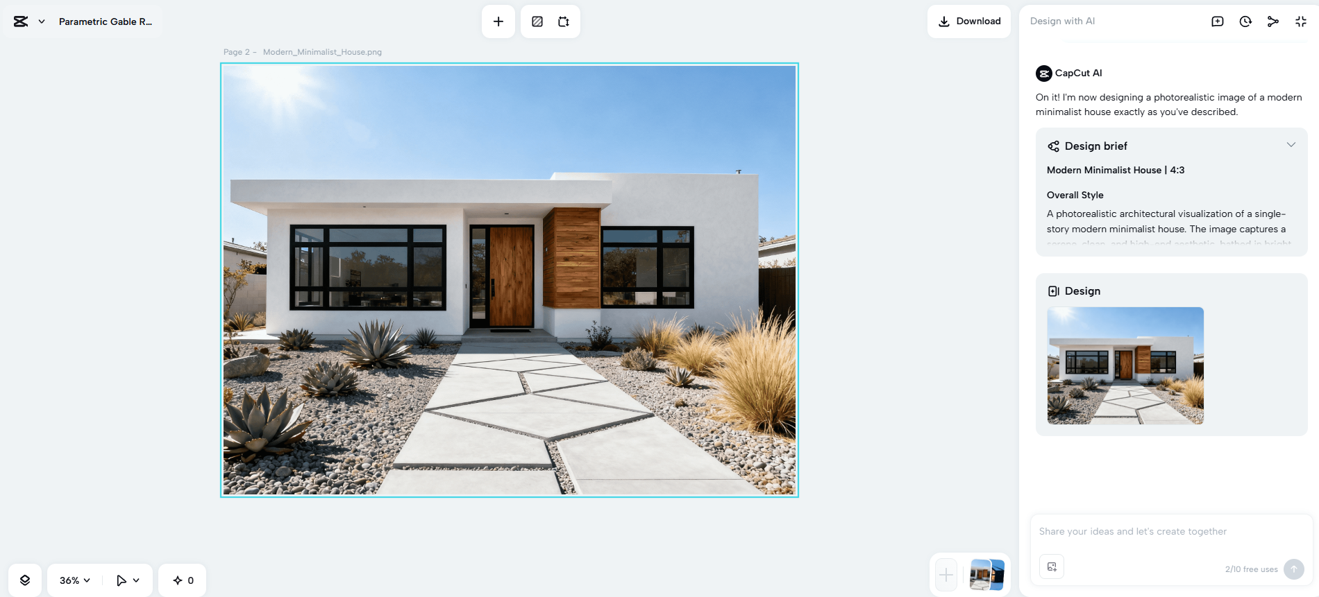 CapCut Web'in yapay zeka ev dış cephe tasarım üreticisi