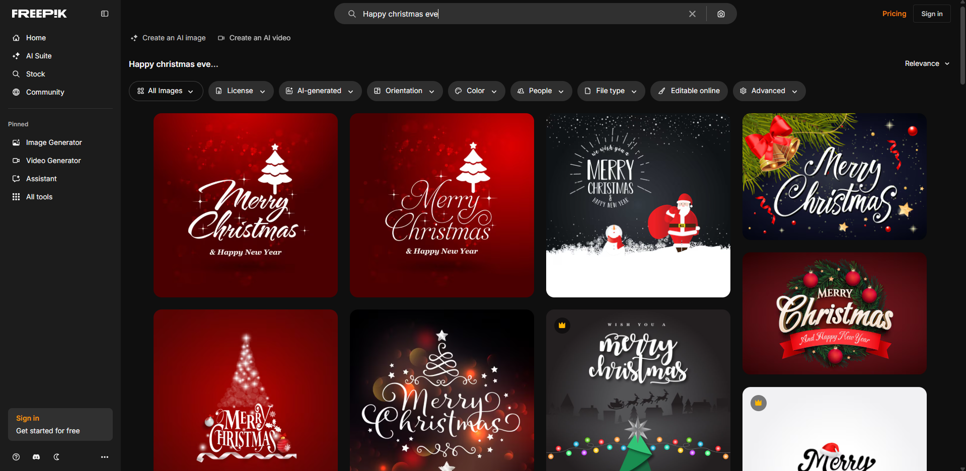 Interface of Freepik - a site with diverse Christmas Eve images