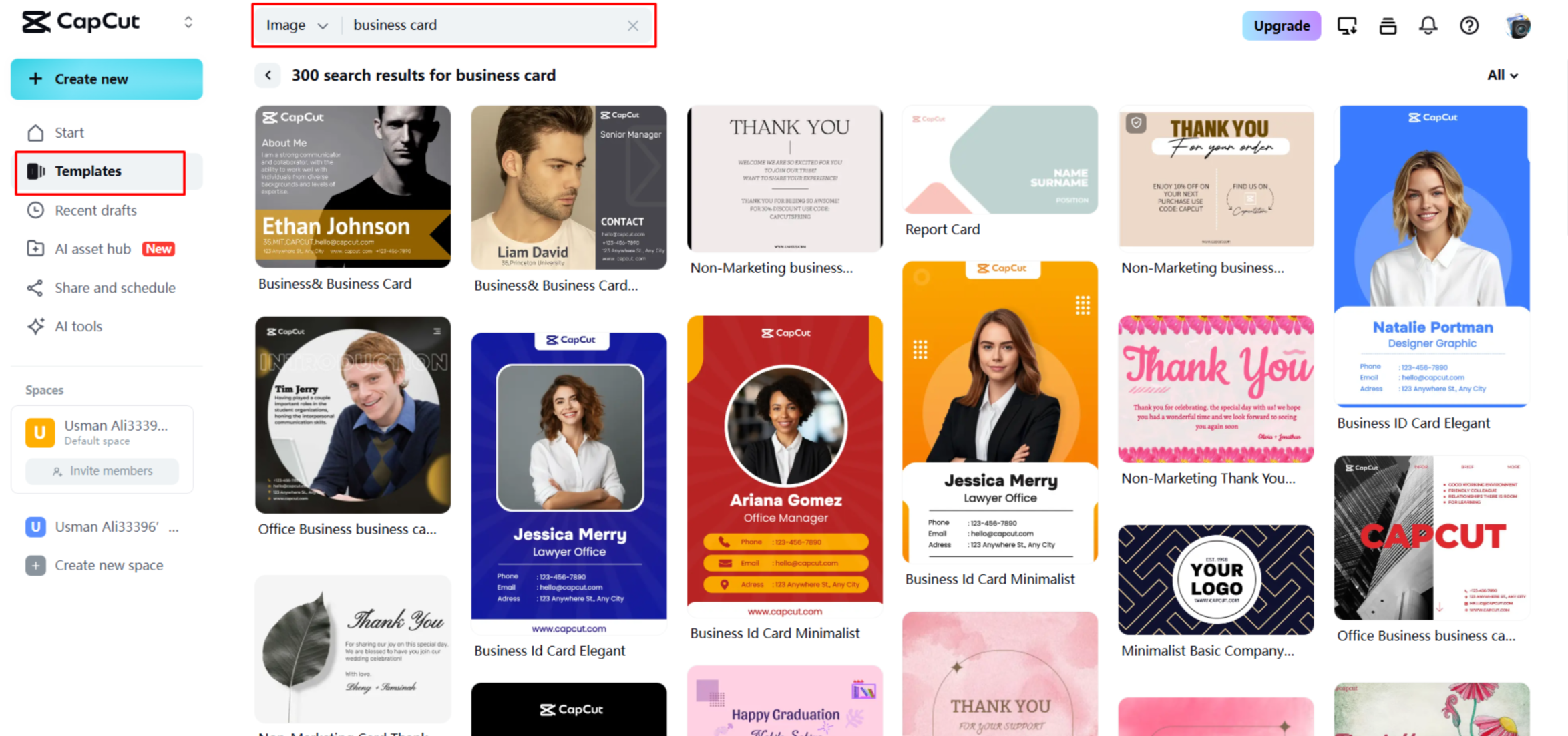 Choosing a business card template in CapCut Web