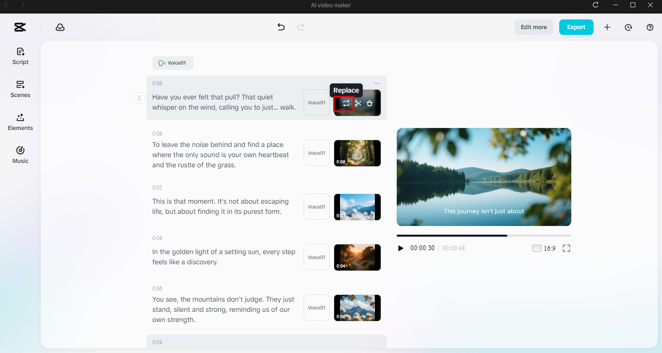 Replacing the video in AI video maker in CapCut desktop video editor