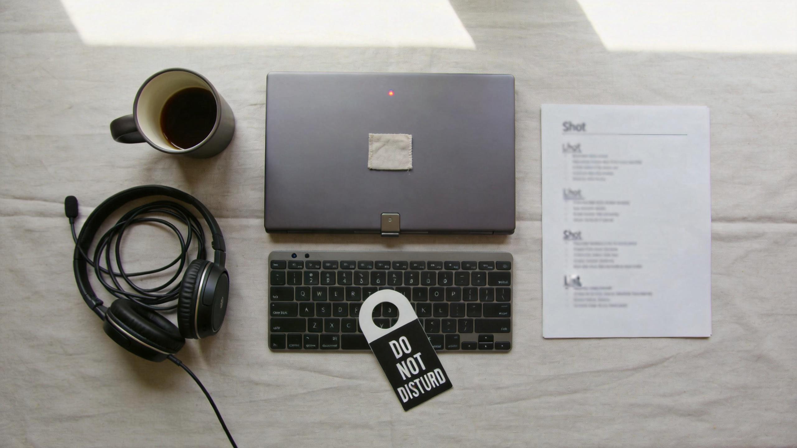 Laptop, keyboard, headset, coffee mug, and not disturb sign on a desk beside a shot list.