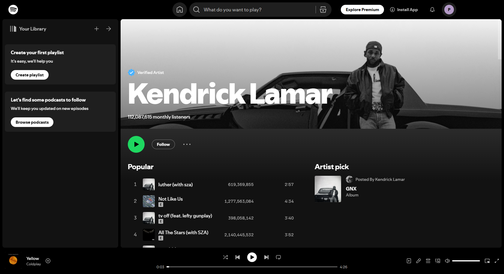 Interfaccia Spotify di Kendrick Lamar