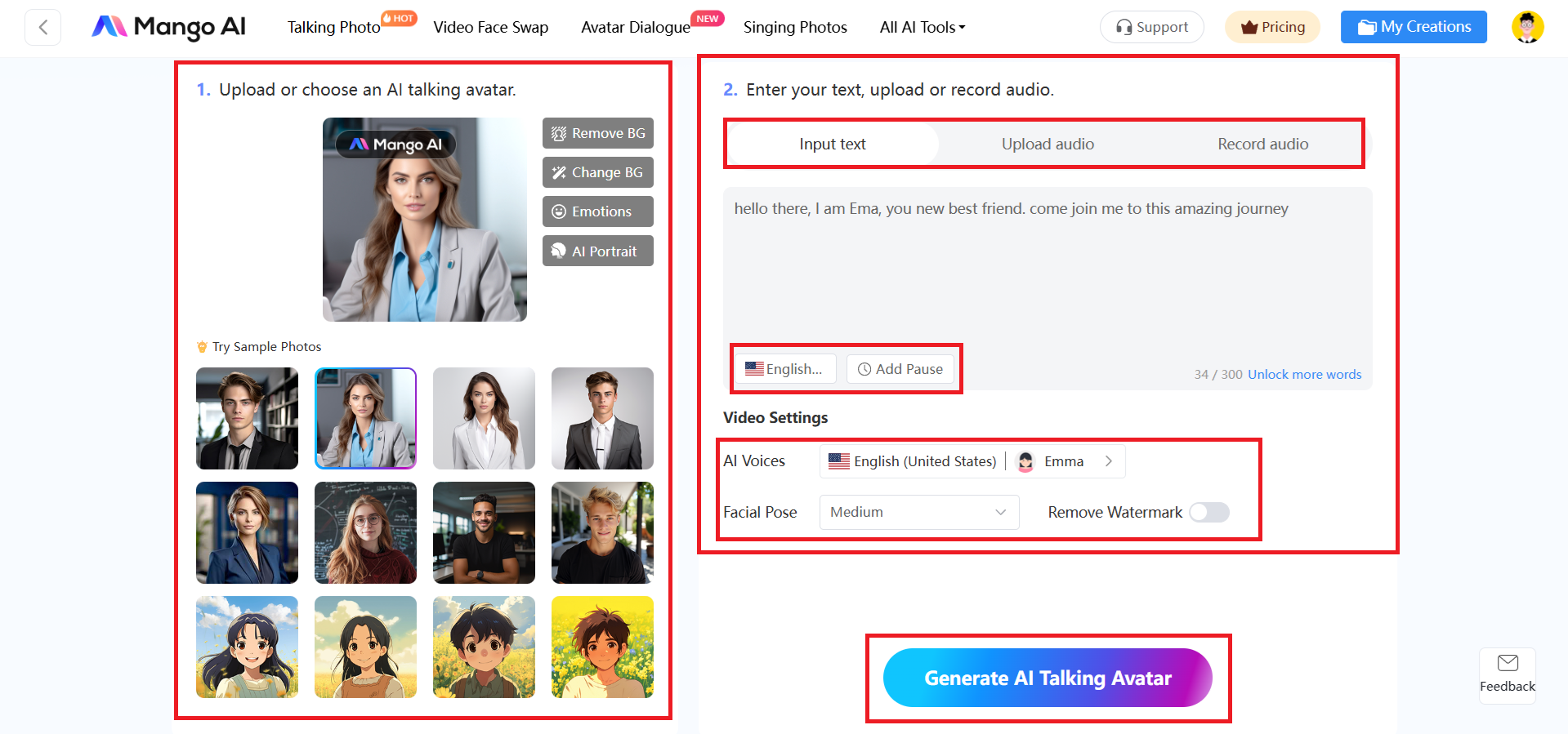 Upload avatar, script, and voice