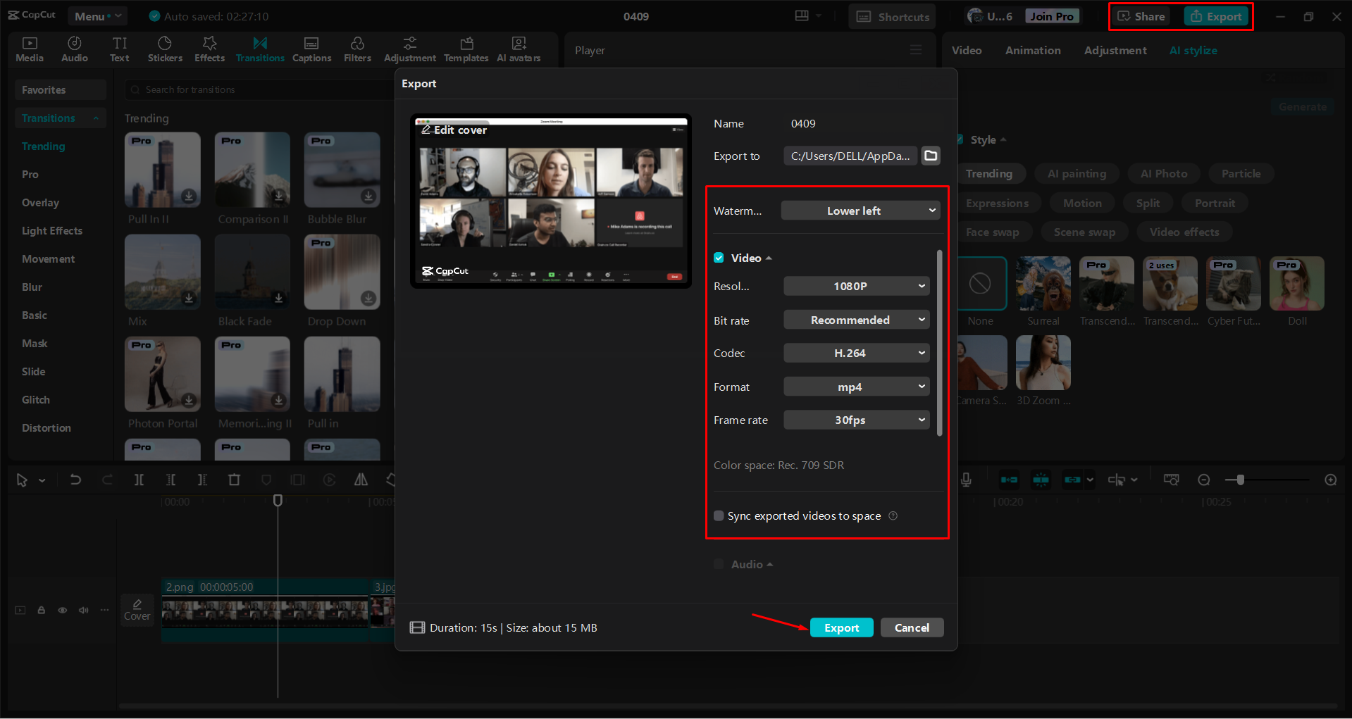 Exporting a video from the CapCut desktop video editor