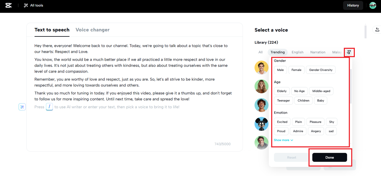 Wenden Sie Filter an, um die perfekten Stimmen zu finden