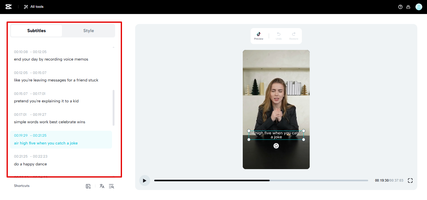 CapCut Web Quick subtitles generation