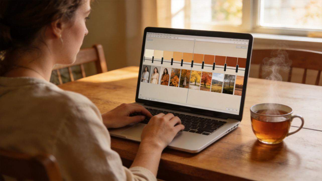 Person editing a fall photo timeline on a laptop beside a steaming cup of tea