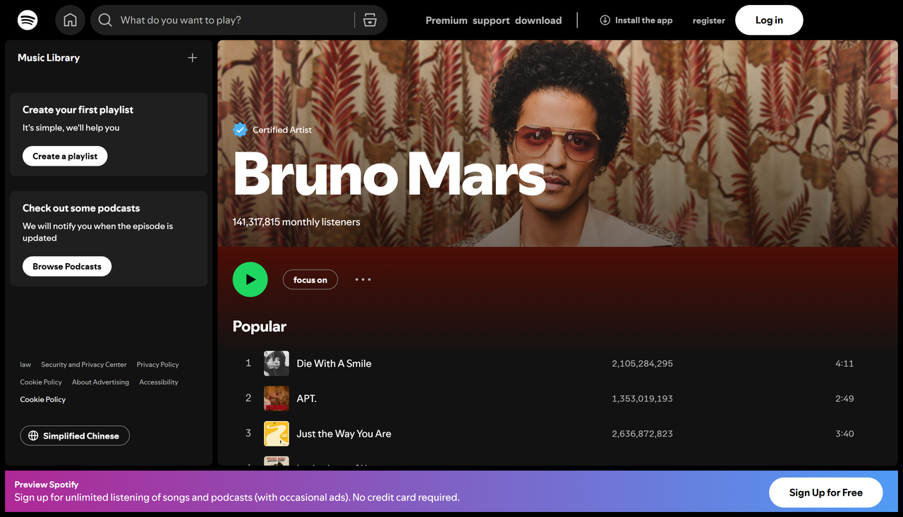Artists of the most streamed songs on Spotify this week: Bruno Mars