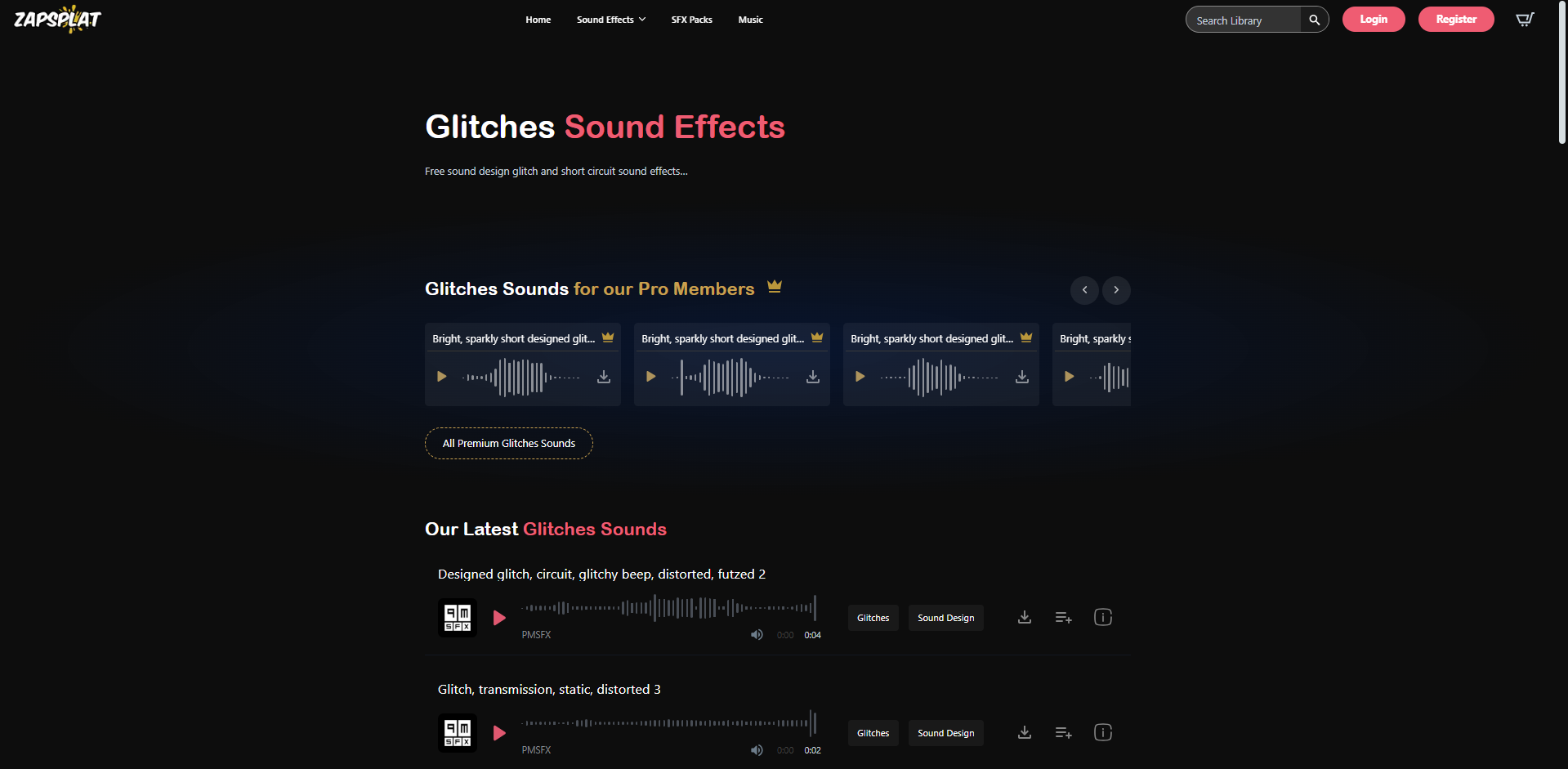 Interface of ZapSplat - the best resource to download glitch sound effects