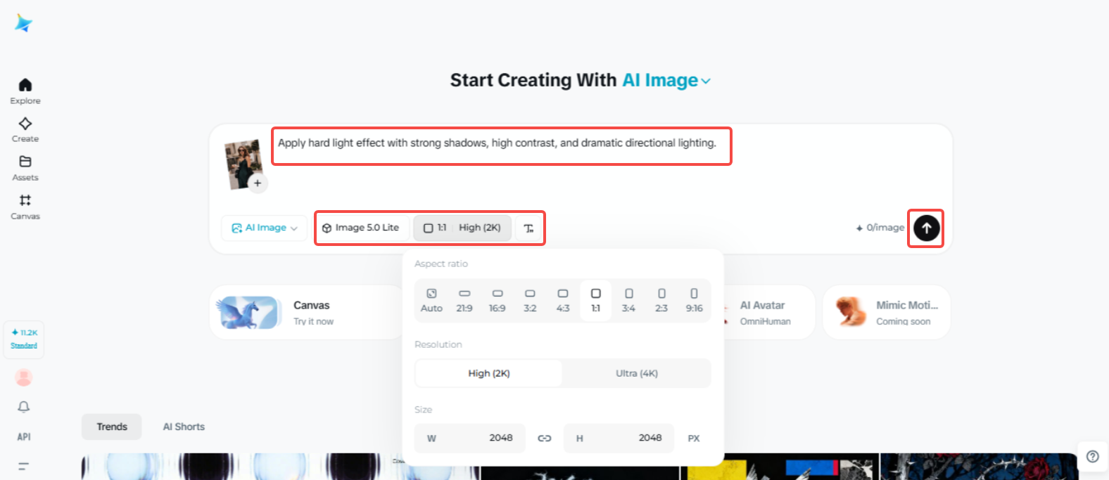 Applicare l'effetto luce dura alle foto in Dreamina