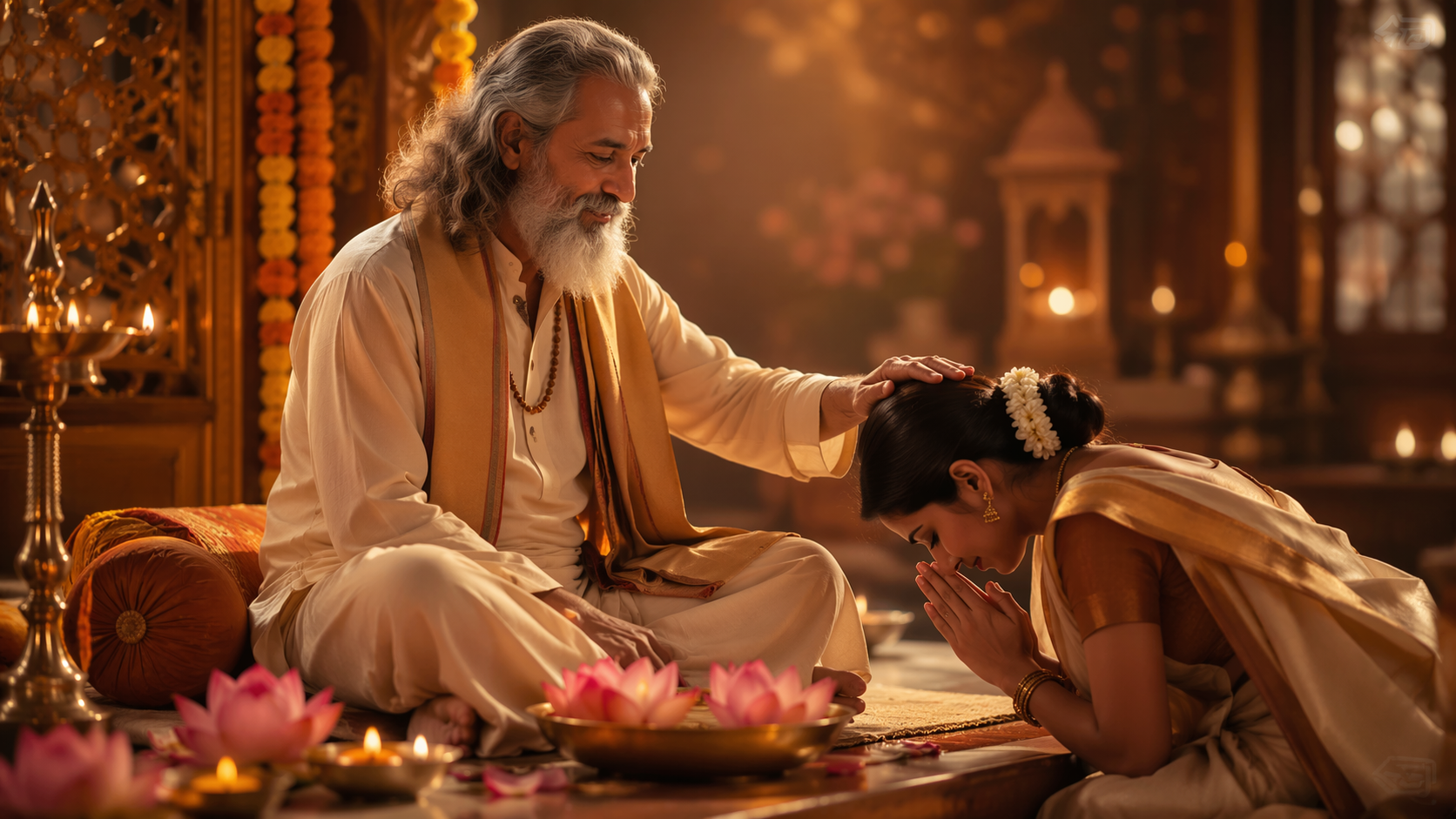 Dreamina Guru Purnima AI Image Prompts prompt example 4: Golden Festival Courtyard