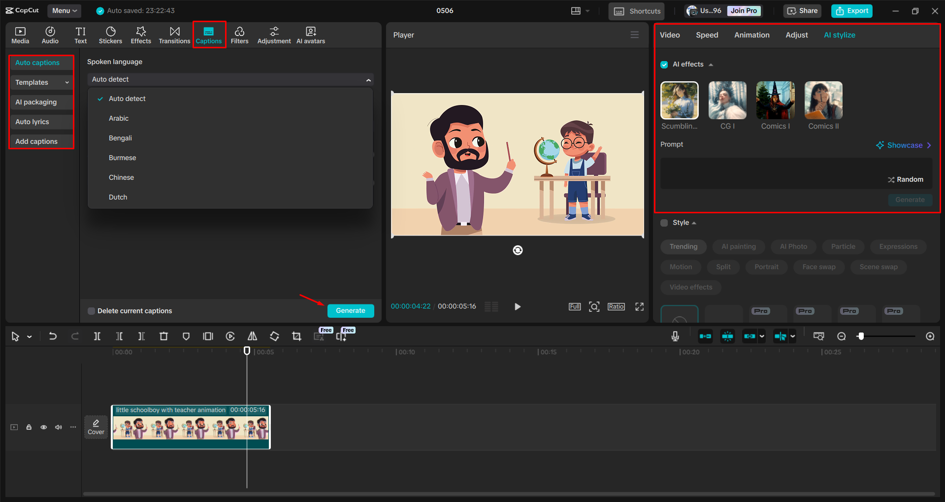 Edición de un video animado en el CapCut editor de video de escritorio