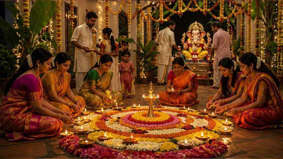 Telugu Ganesh AI Prompt — a family celebration with floral decorations and lamps