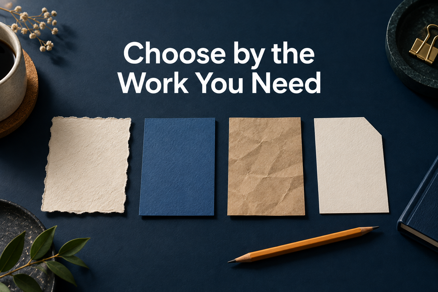 Four unmarked paper cards arranged beneath the words Choose by the Work You Need