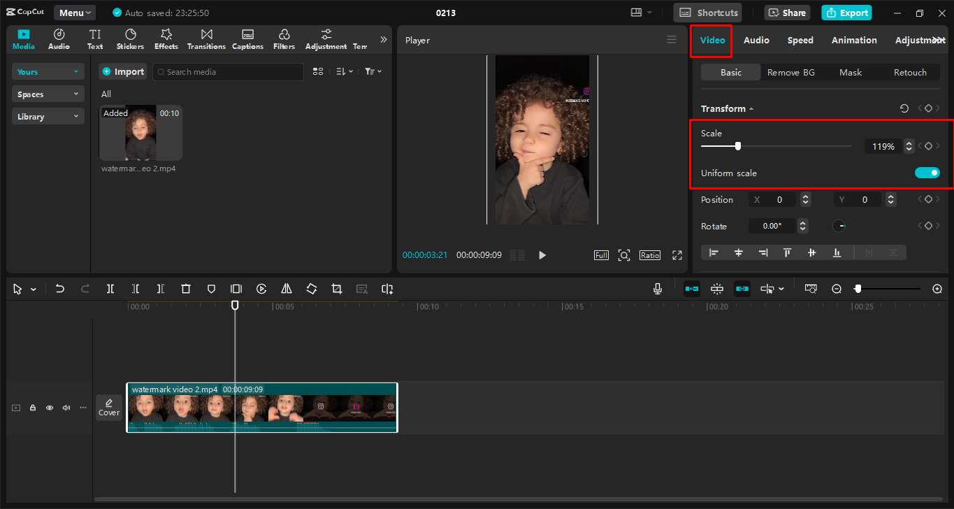 Using the Scale to remove the watermark in the CapCut desktop video editor