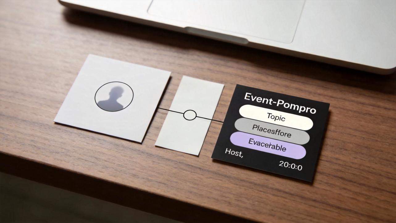 Three connected design cards on a wooden desk beside a laptop, showing a profile icon and event details.