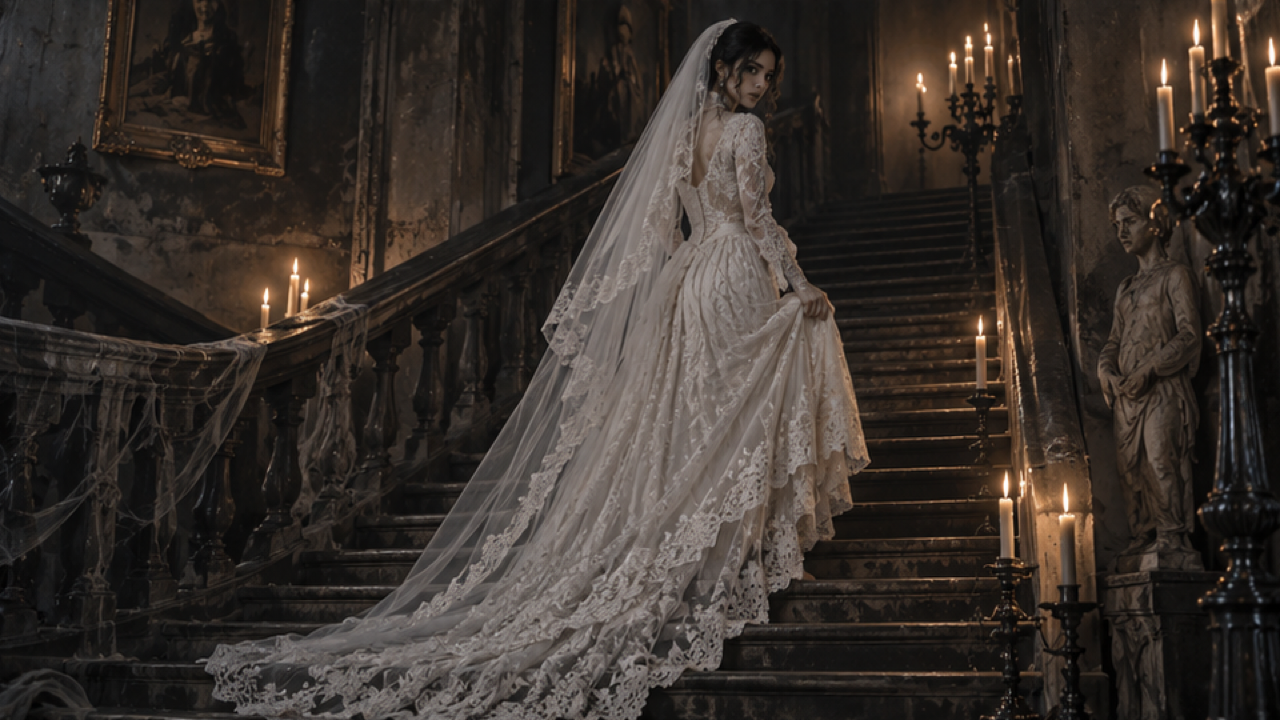 An adult ghost bride in vintage ivory lace descending a grand dark staircase, pale candlelight and trailing veil
