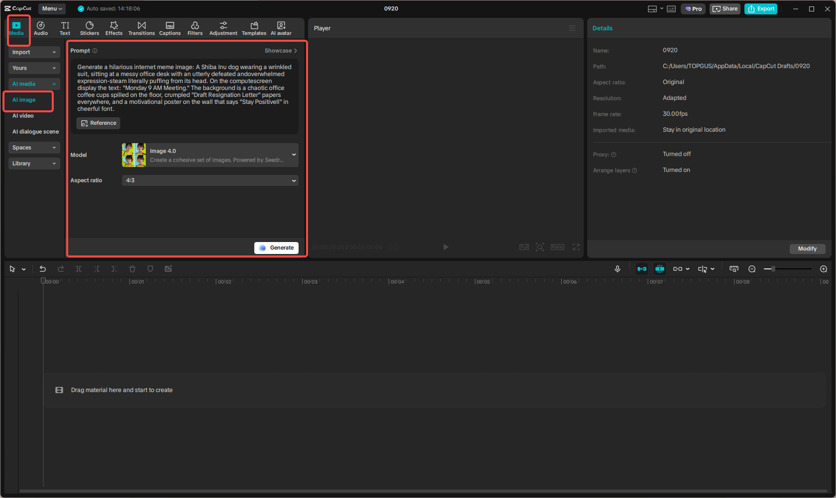 Accessing the AI image generator feature in CapCut