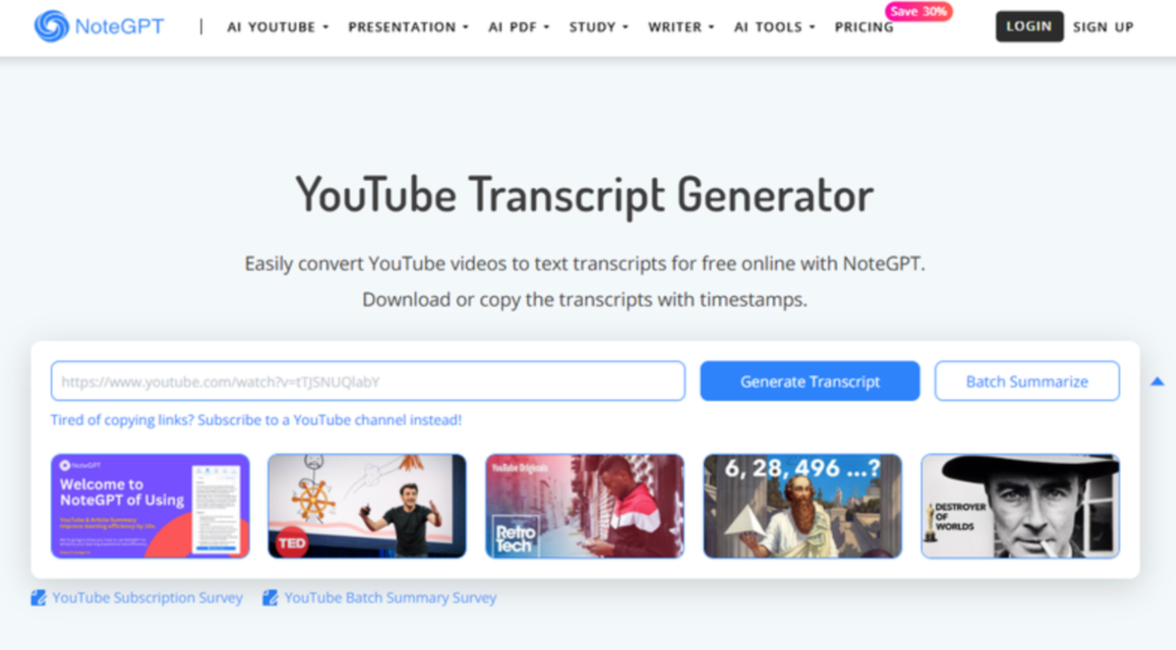 Interface of NoteGPT - an easy way to access YouTube transcripts online