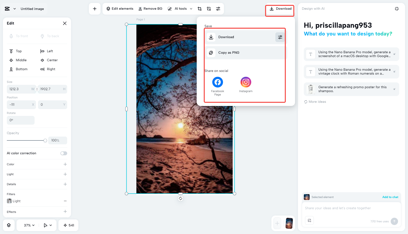 Exporting the photo in CapCut