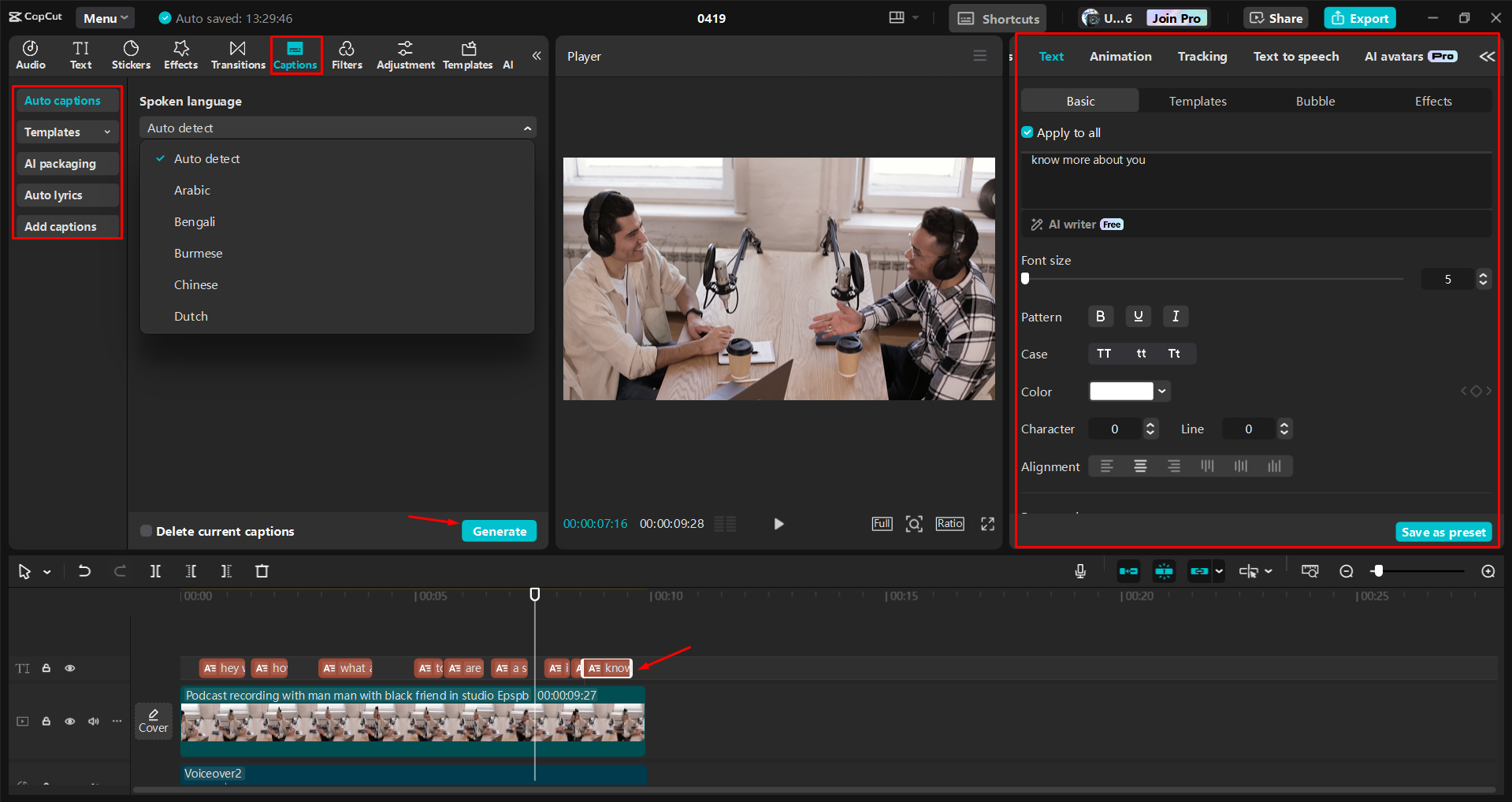 Converting podcast audio to text in the CapCut desktop video editor