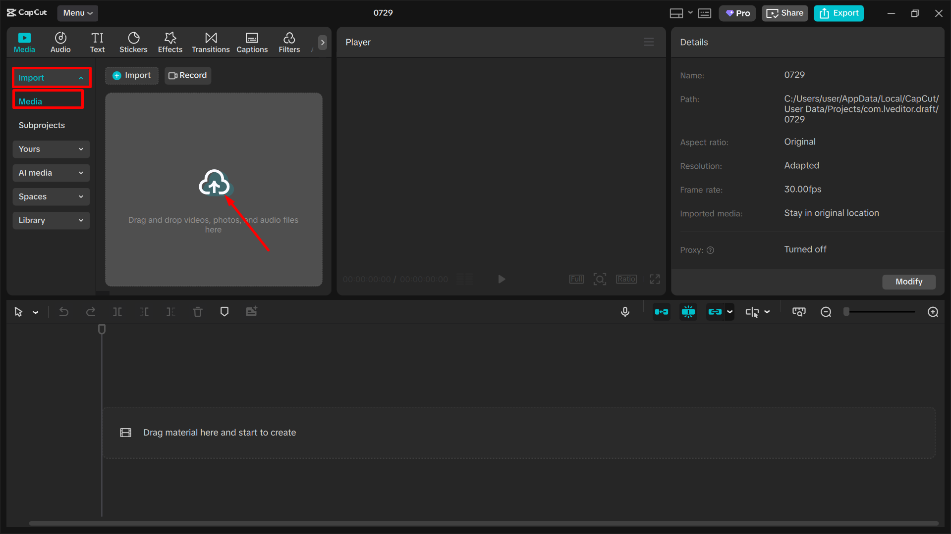 Importing the media into the CapCut desktop video editor