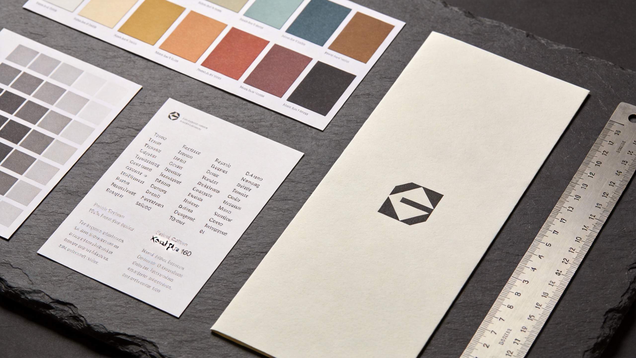 Brand style board with color swatches, logo mockups, and a ruler on a dark surface