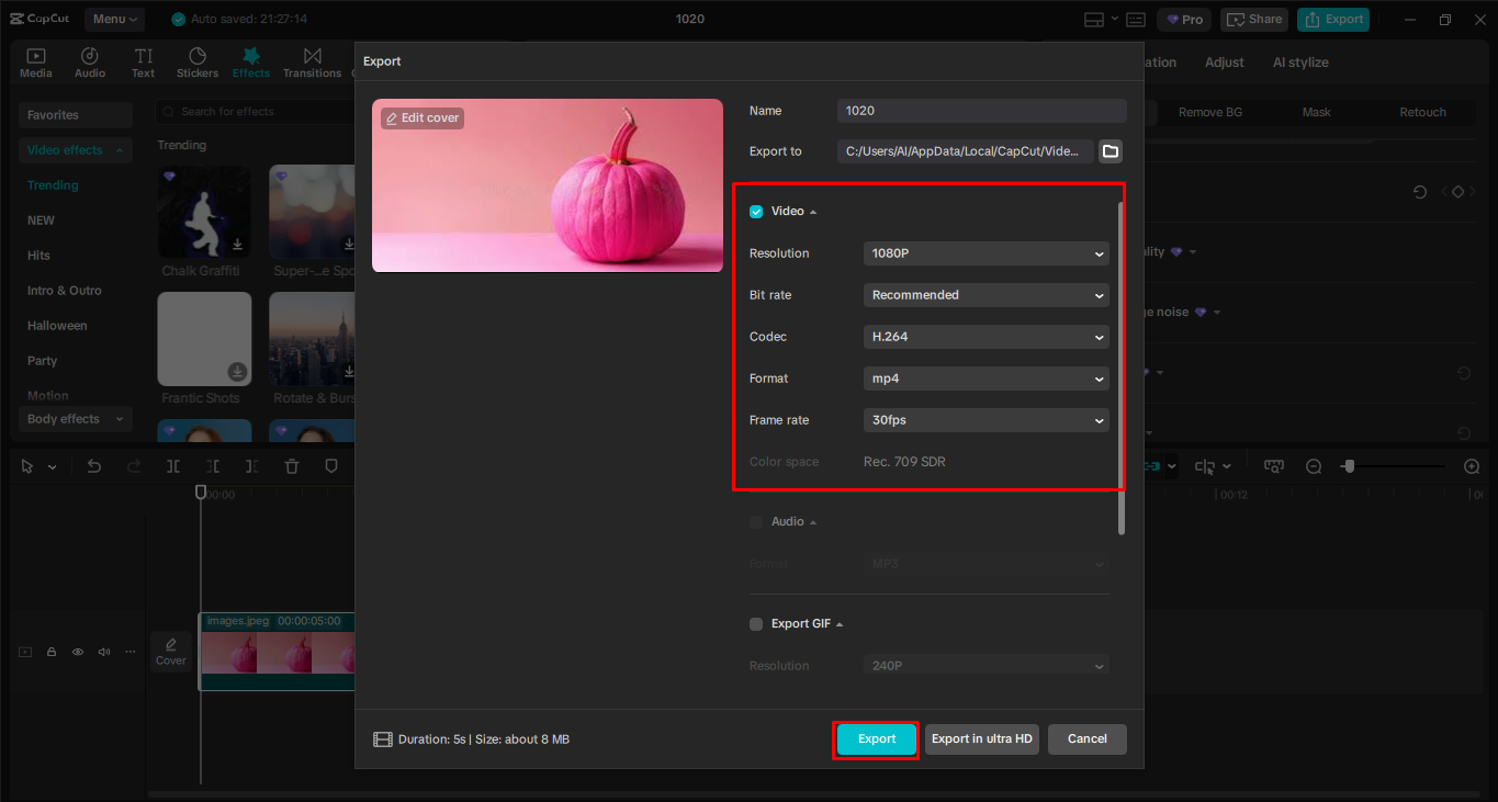 Exporting the media from the CapCut desktop video editor
