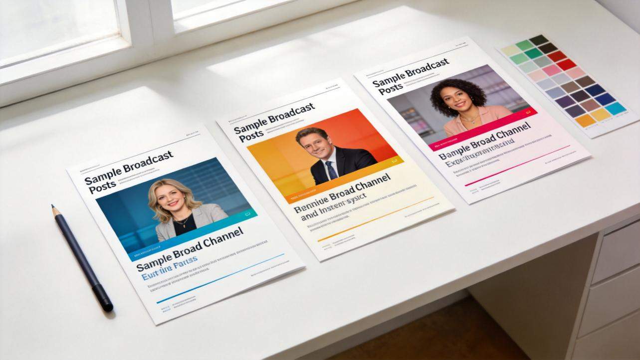 Three broadcast post mockups with portraits and color palette swatches on a white desk