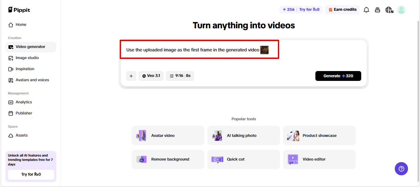 Image to video support in Pippit