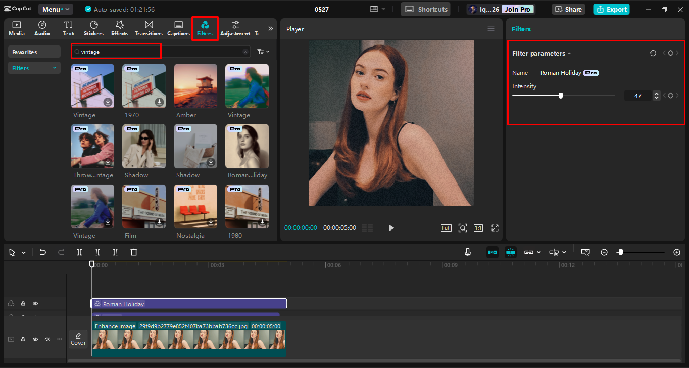 Applying a vintage filter on the image in the CapCut desktop video editor