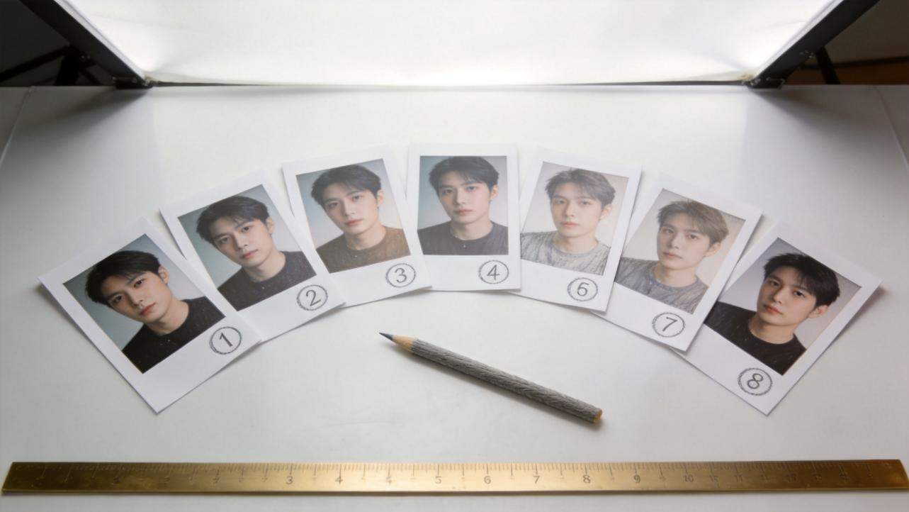 Eight portrait photos of a man arranged in a fan, with a pencil and ruler on a white surface