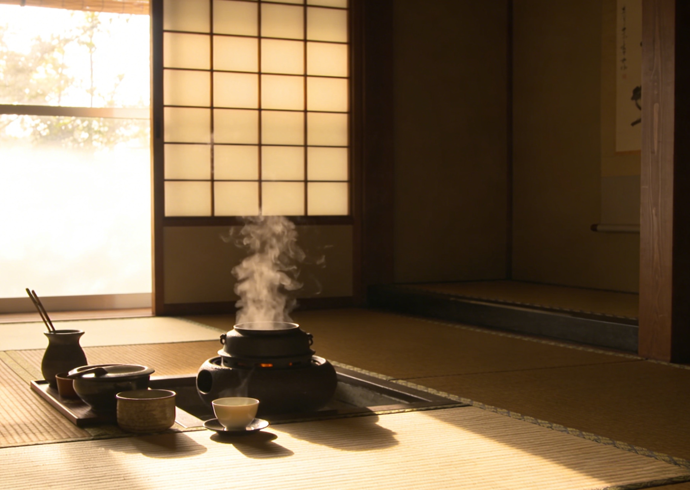 Traditional Japanese tatami room tea ceremony at sunrise