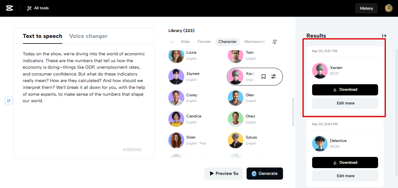 CapCut Web TTS output