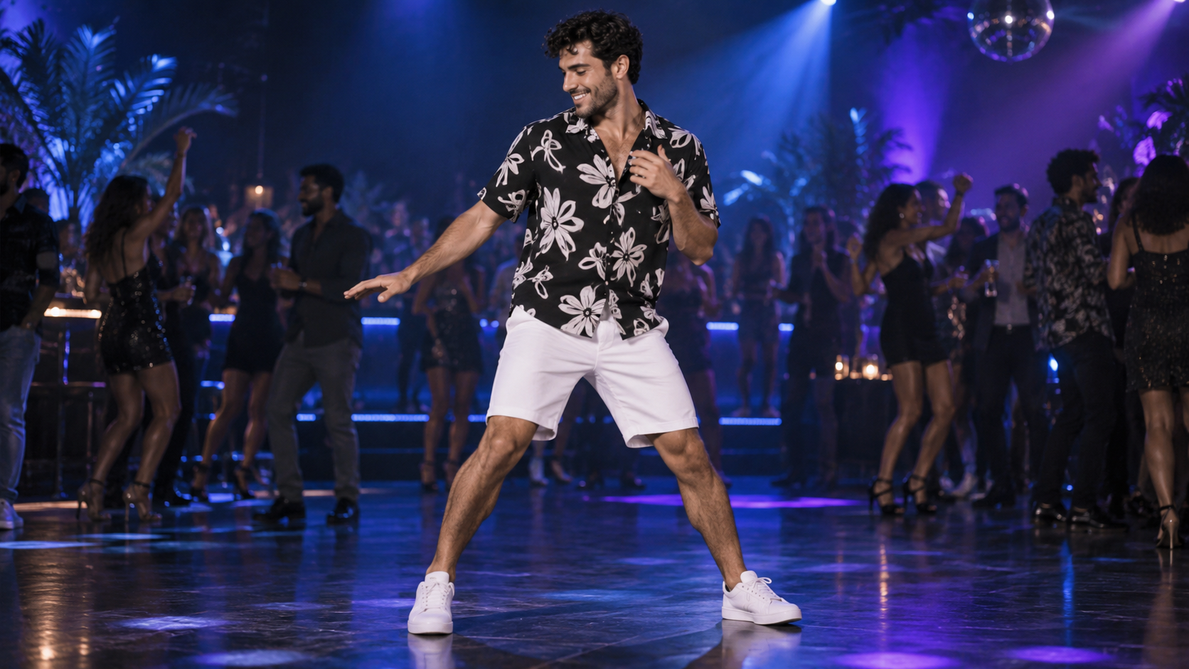 Adult dancer in a black-and-white floral shirt and white shorts under blue-purple club lights