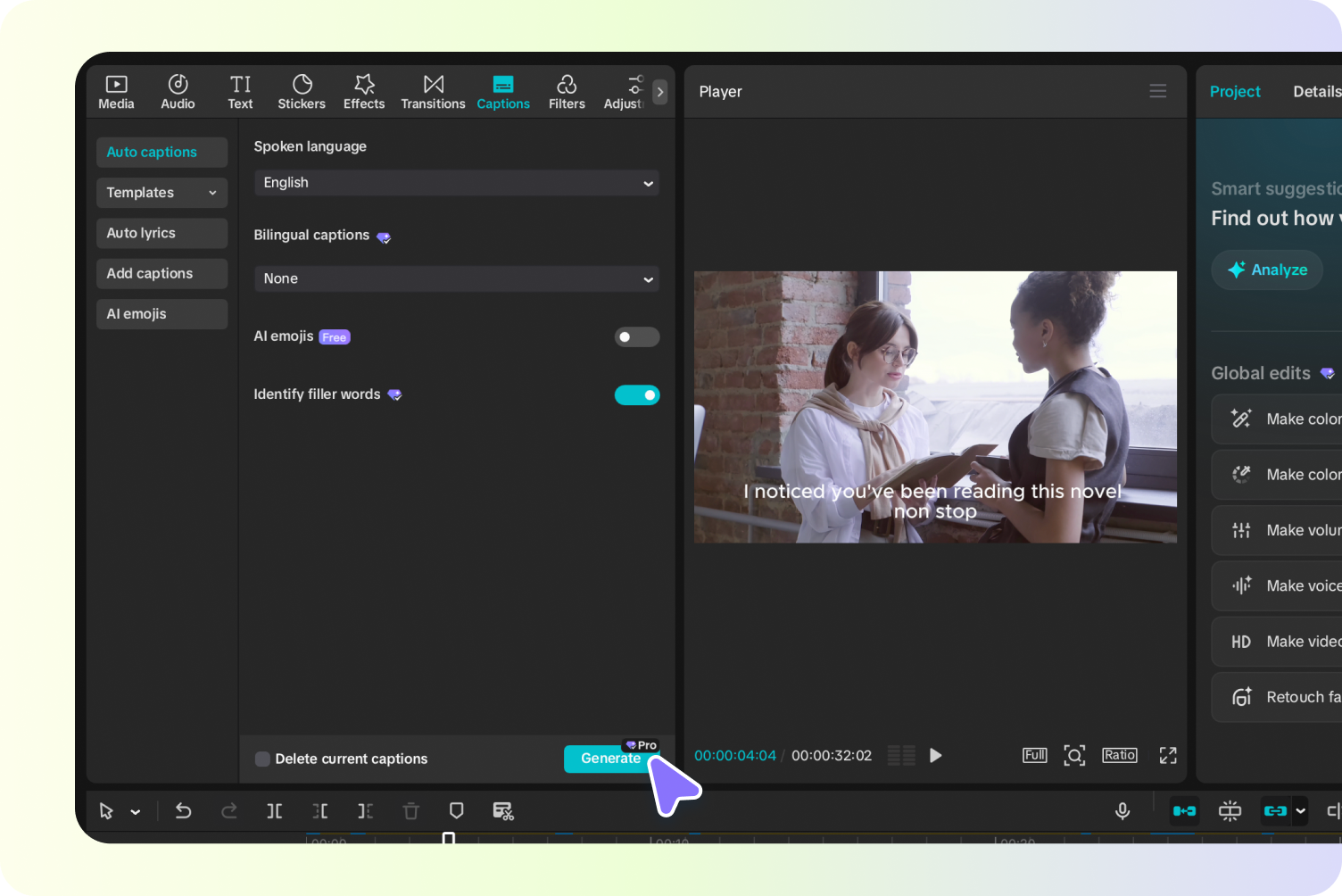 Generate and preview filler word highlights