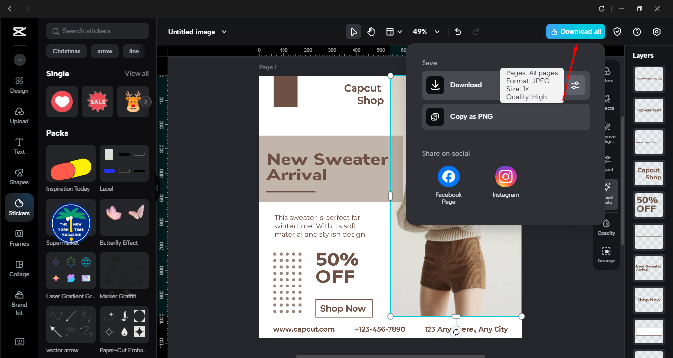 Stahování obrázku z editoru videa pro stolní počítače CapCut