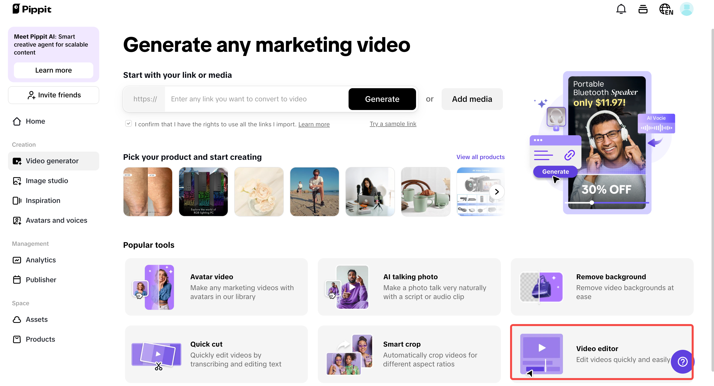 Acesse o editor de vídeo para enviar seu vídeo