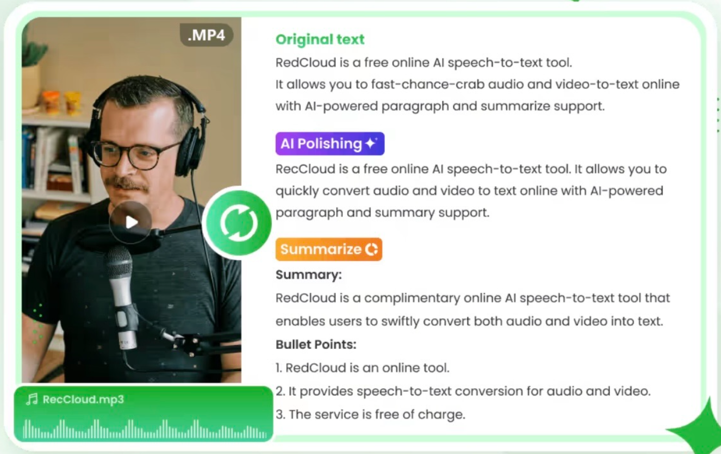 Antara muka RecCloud - alat mesra pengguna untuk menukar podcast kepada teks