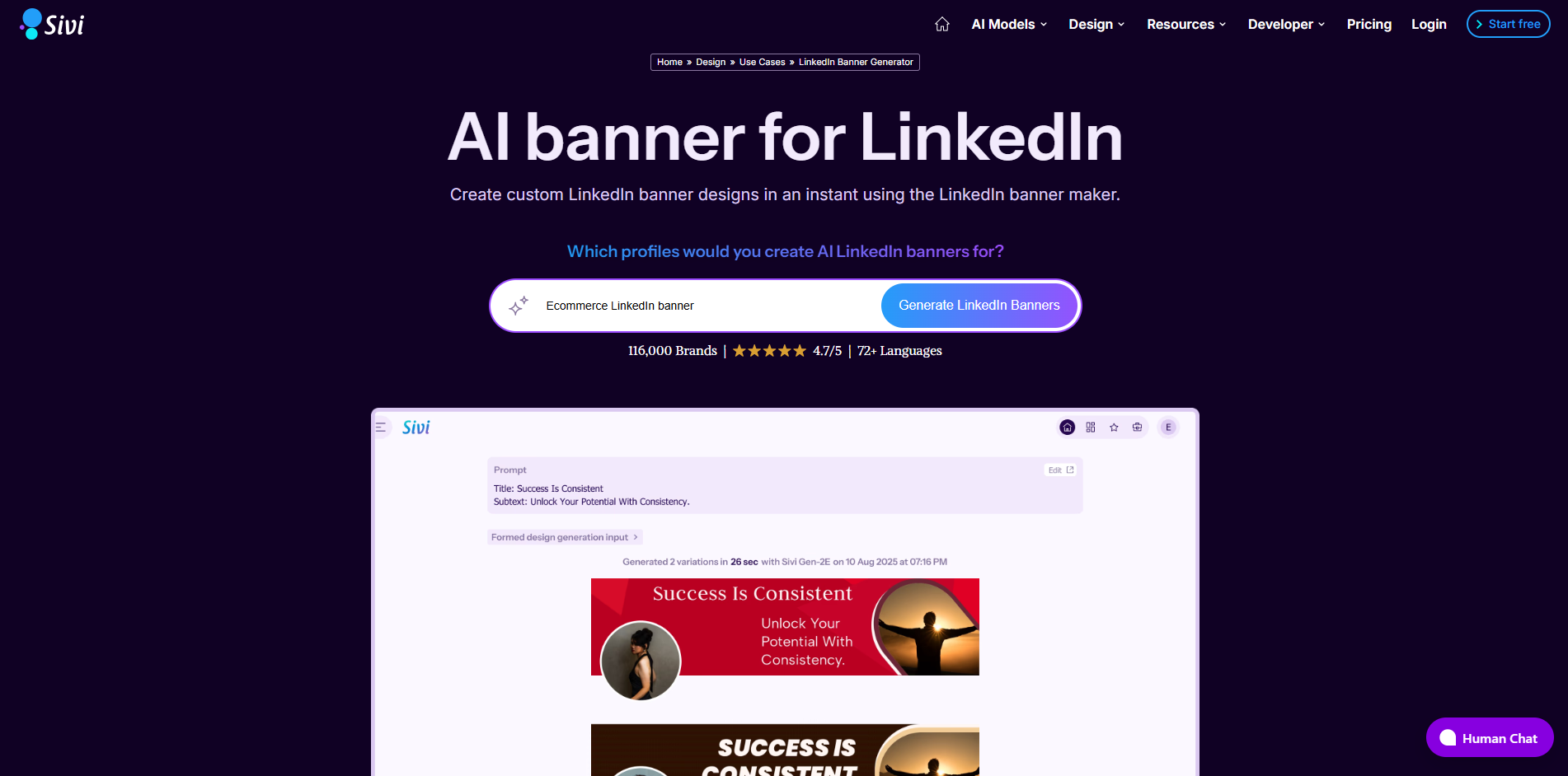 Gränssnitt för PosterMyWall LinkedIn banner maker AI