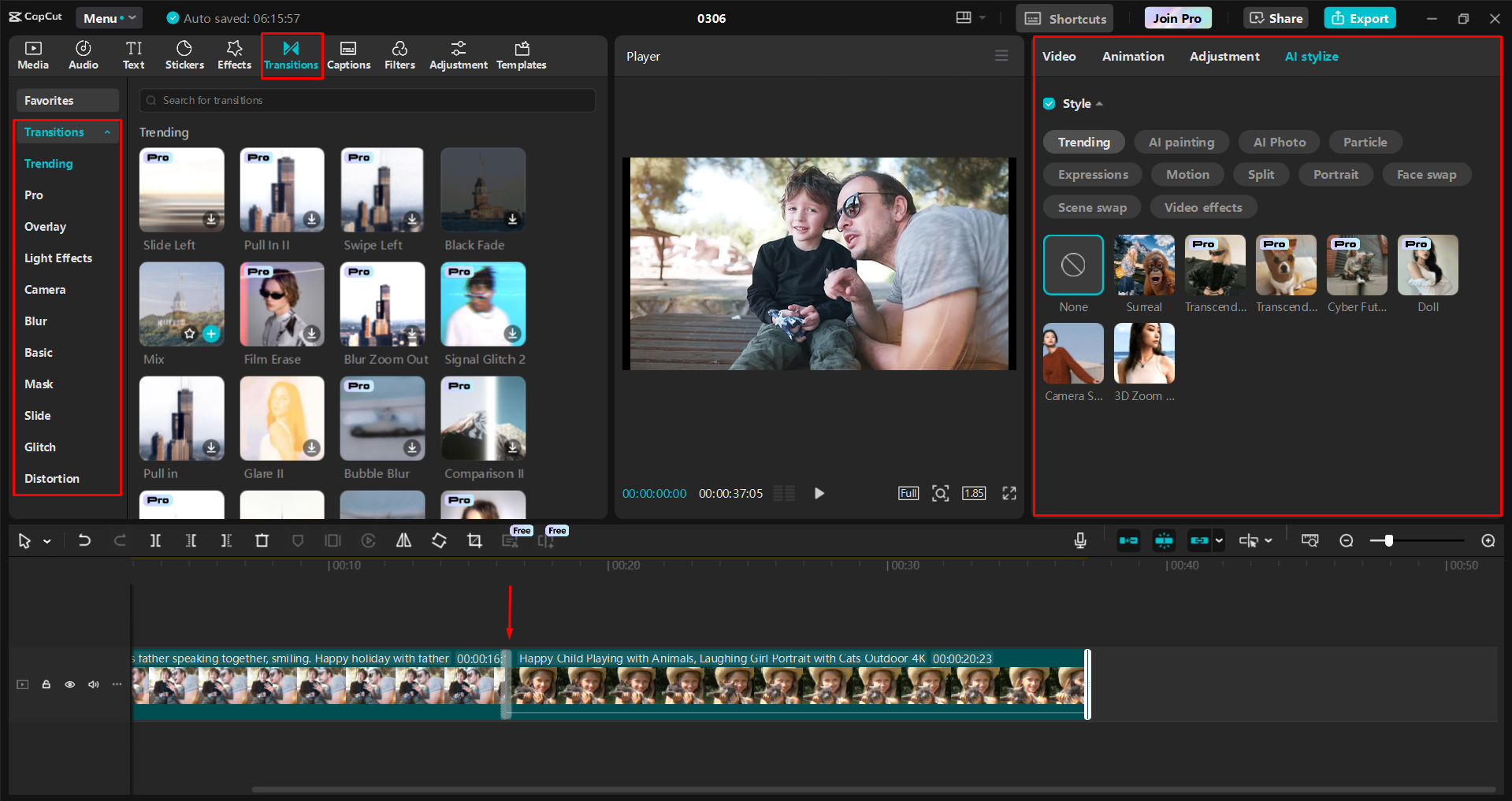 Applying a film transition to a video in the CapCut desktop video editor