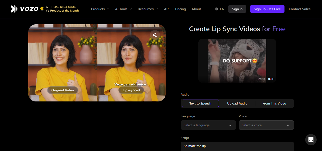 The interface of Vozo - a well-known tool for AI lip reading online