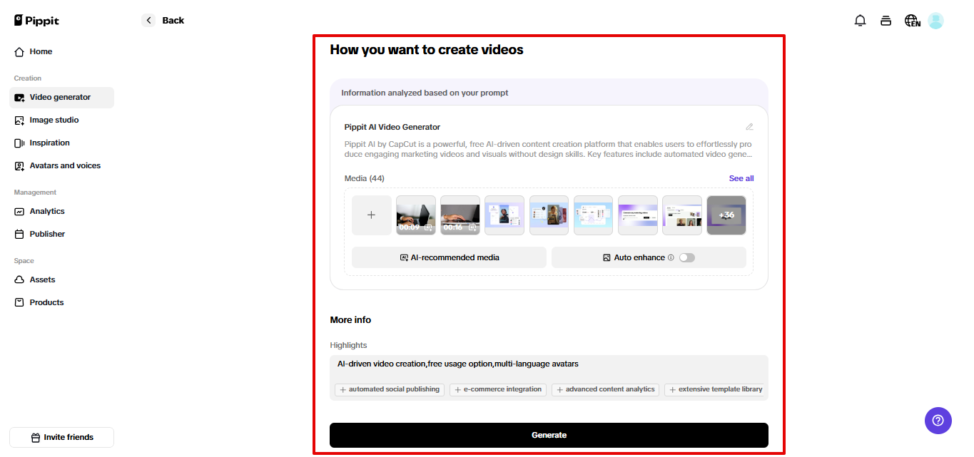 Generating video in Pippit