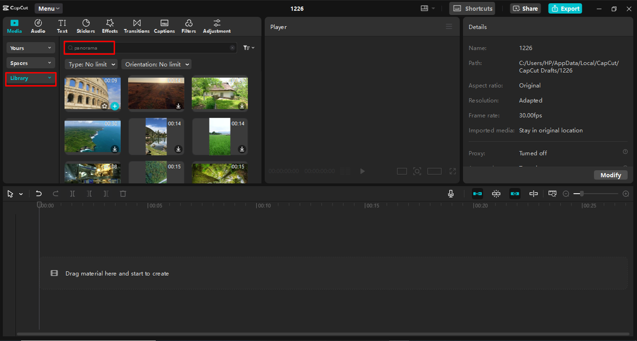 Menggunakan video panorama terbina dalam dalam editor video desktop CapCut