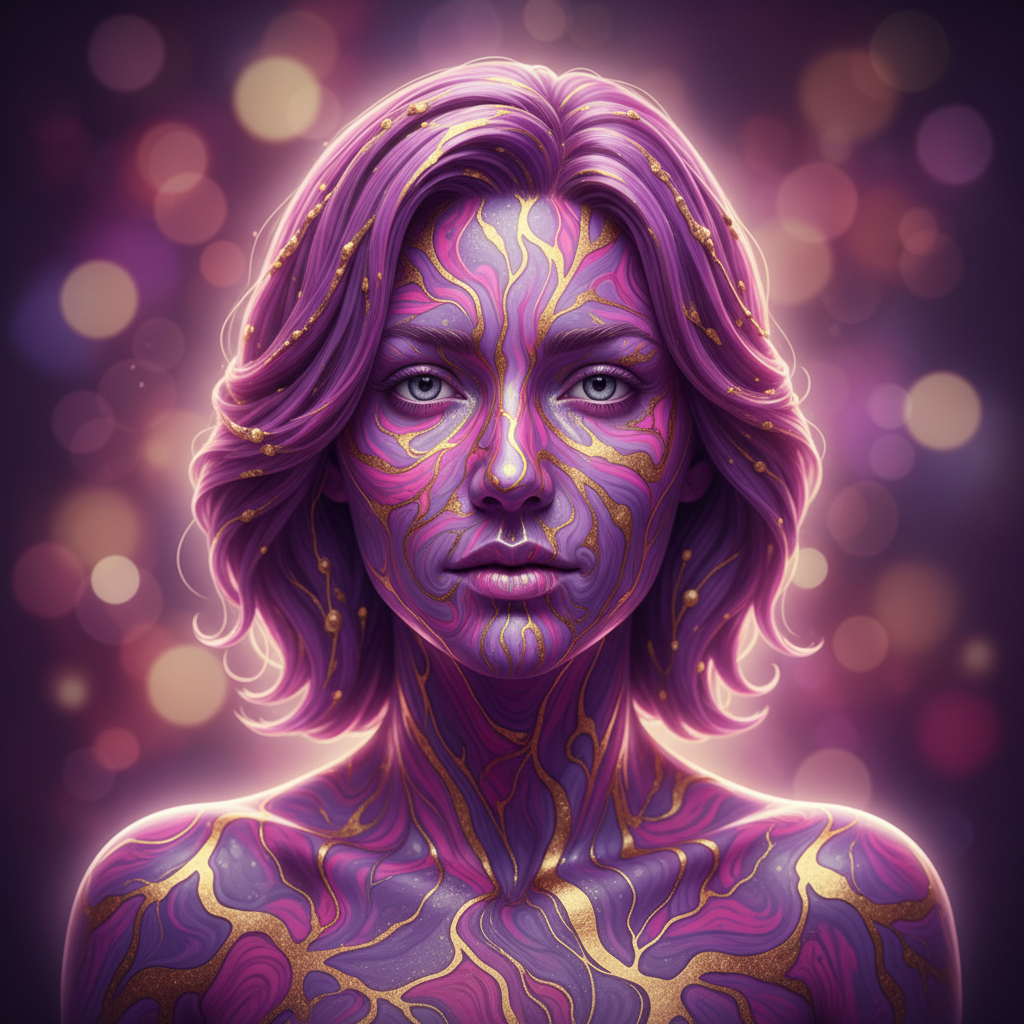 AI-avatarporträtt med violett–magenta-swirls, guldådring och mjuk bokeh-diffusion samt en elegant marmorerad finish.