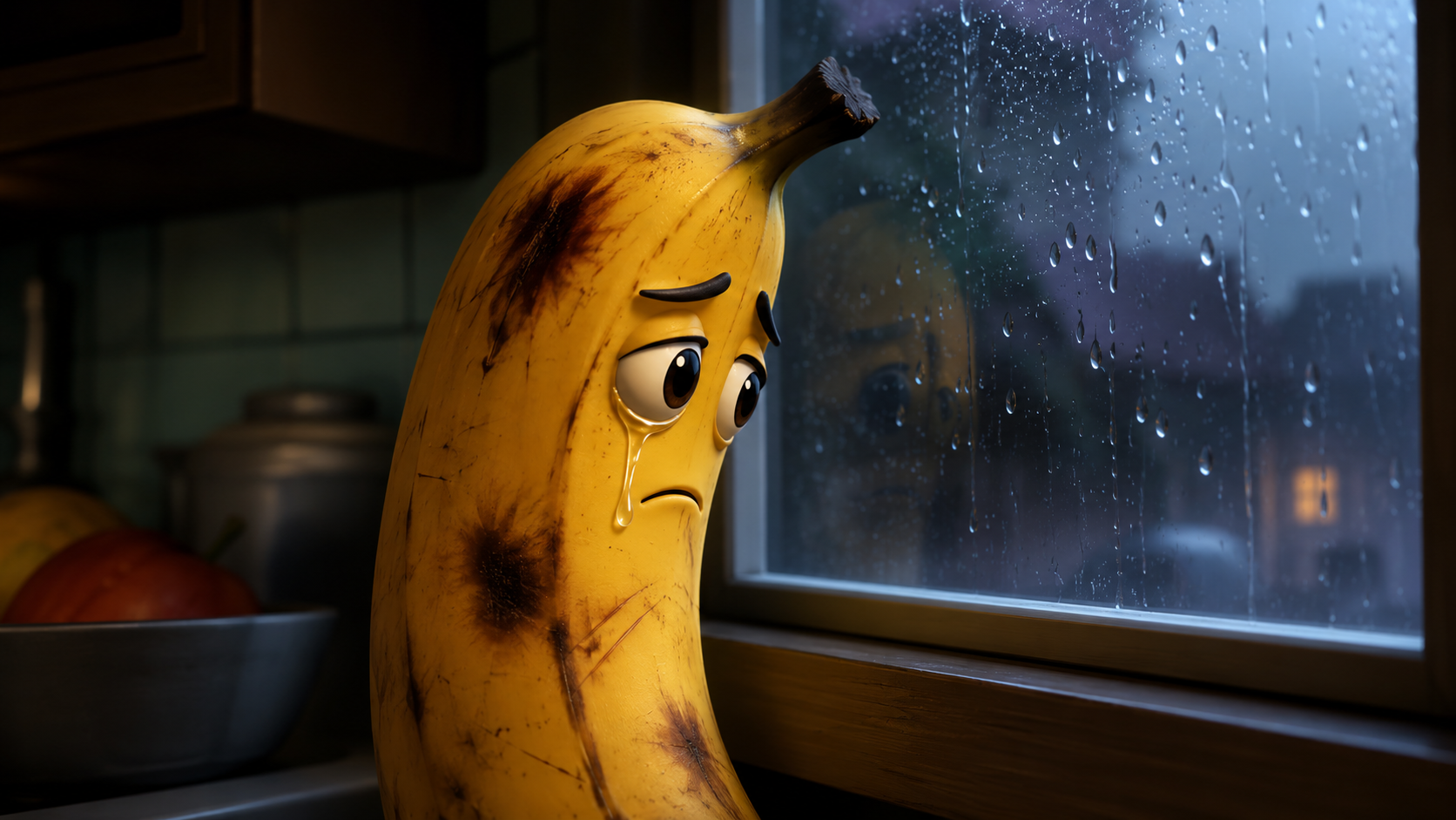 Sad banana character by a rainy window