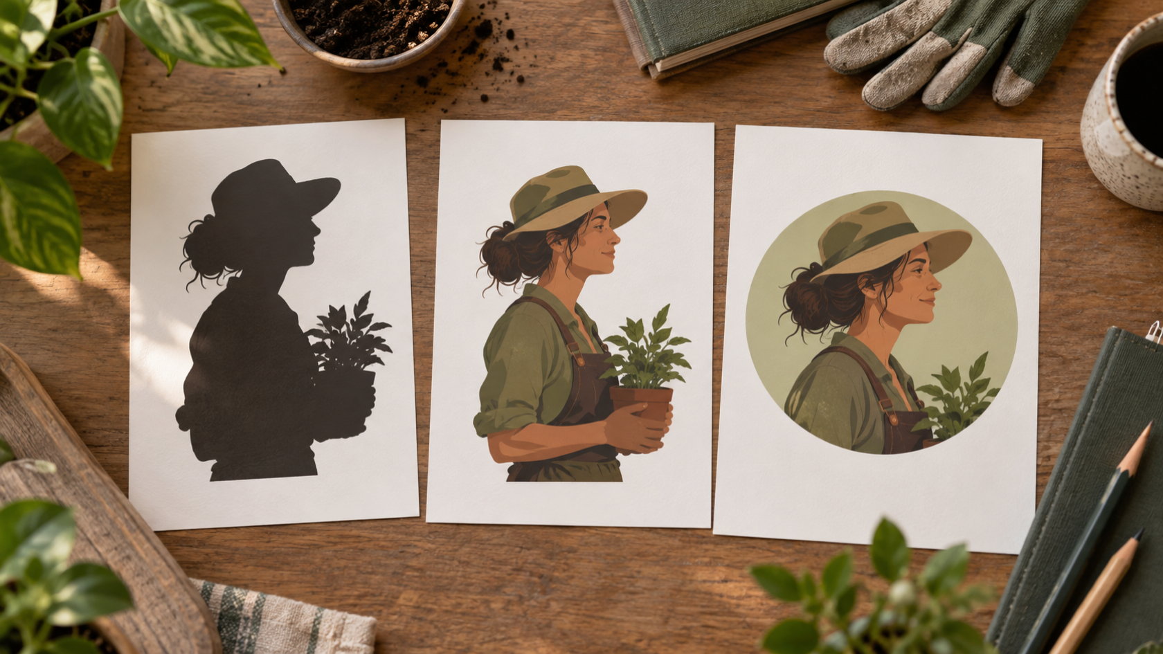 Three printed adult gardener profile studies changing silhouette color separation and crop protection