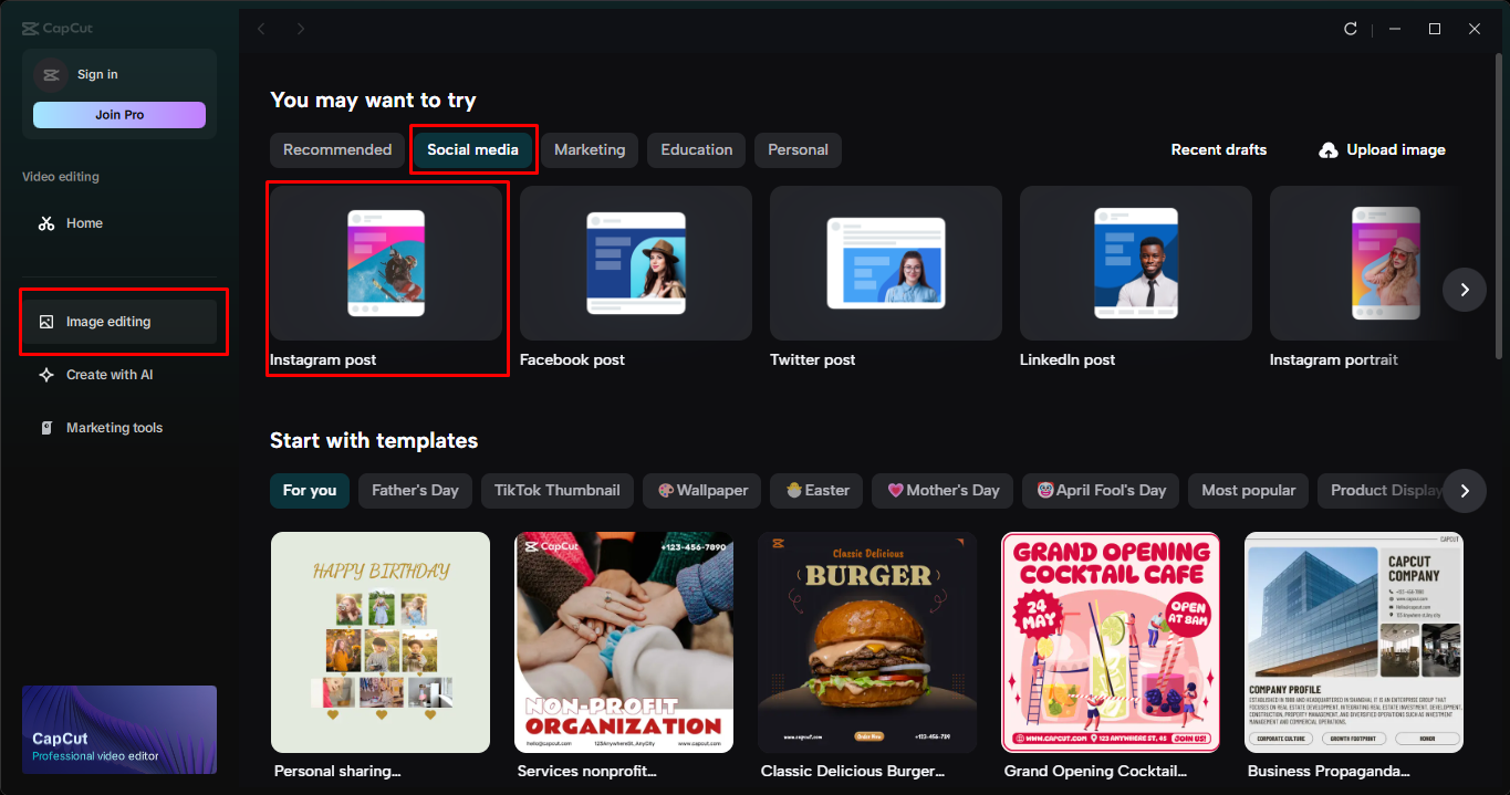 Choosing an Instagram post template in the CapCut desktop video editor